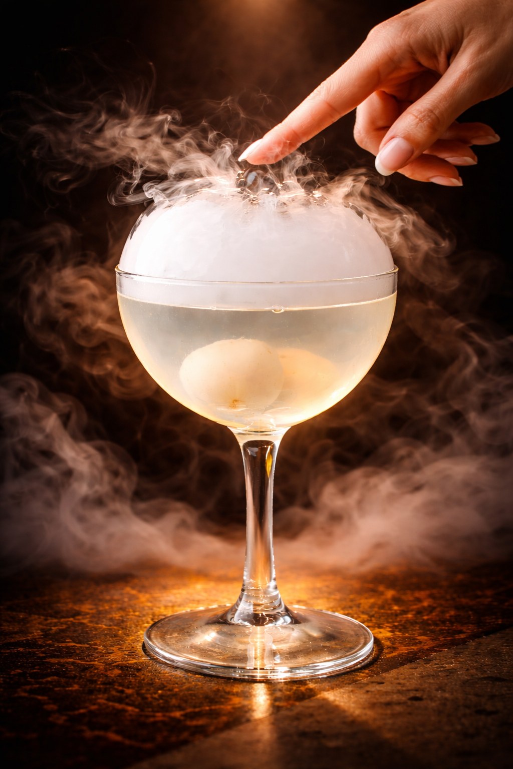 Smoking cocktail with a hand touching the top
