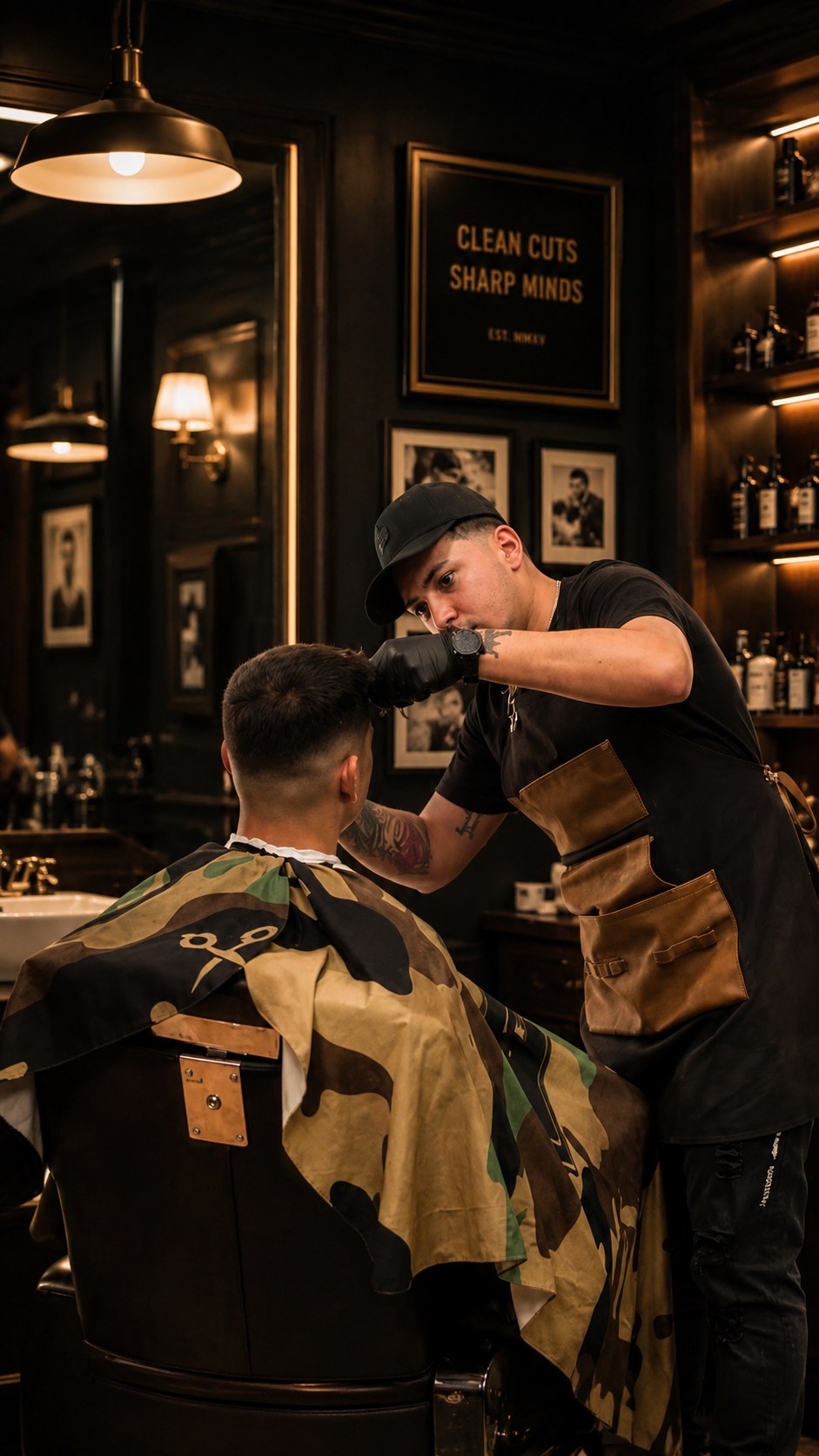 Barber cutting a client hair inside a dark premium barbershop