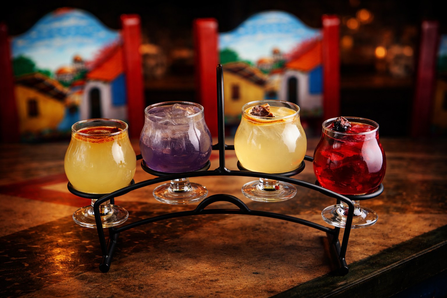 Four colorful cocktails photographed for a restaurant menu