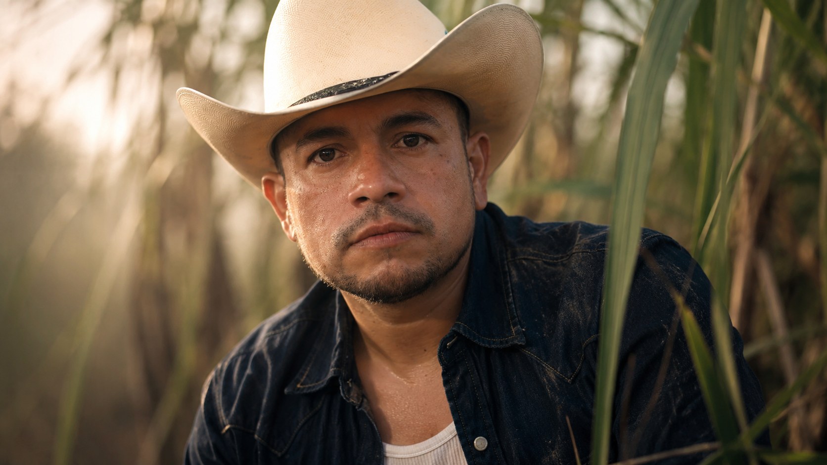 Close portrait of a cowboy artist wearing a white hat in the vegetation