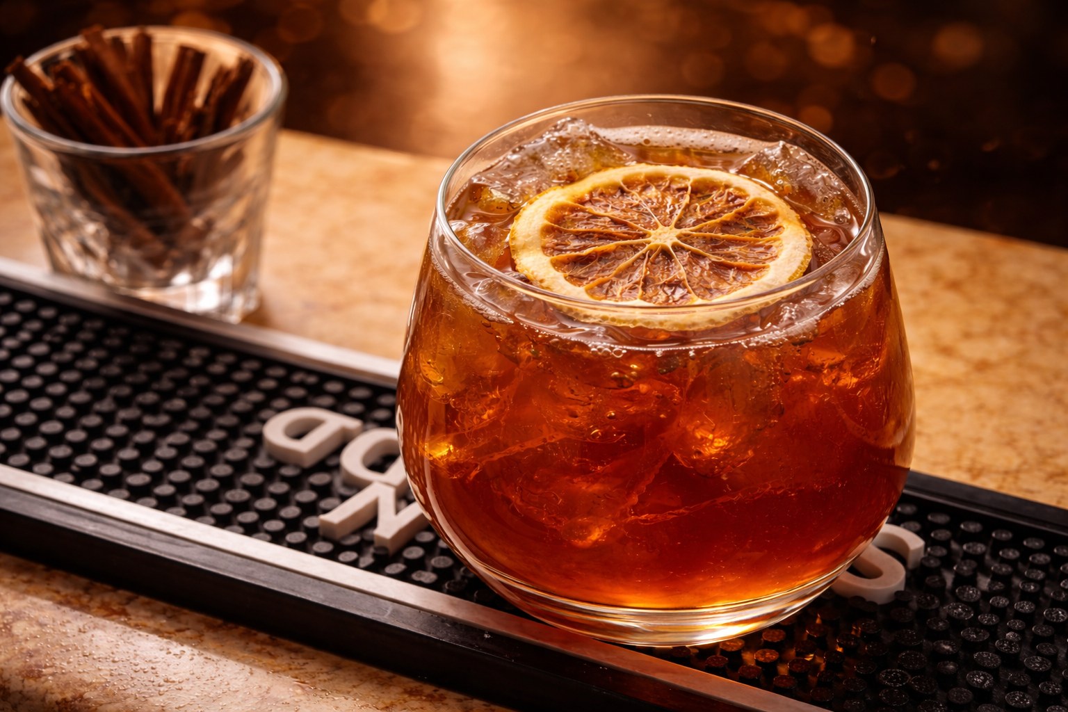Old fashioned cocktail with a dried orange slice on a bar mat