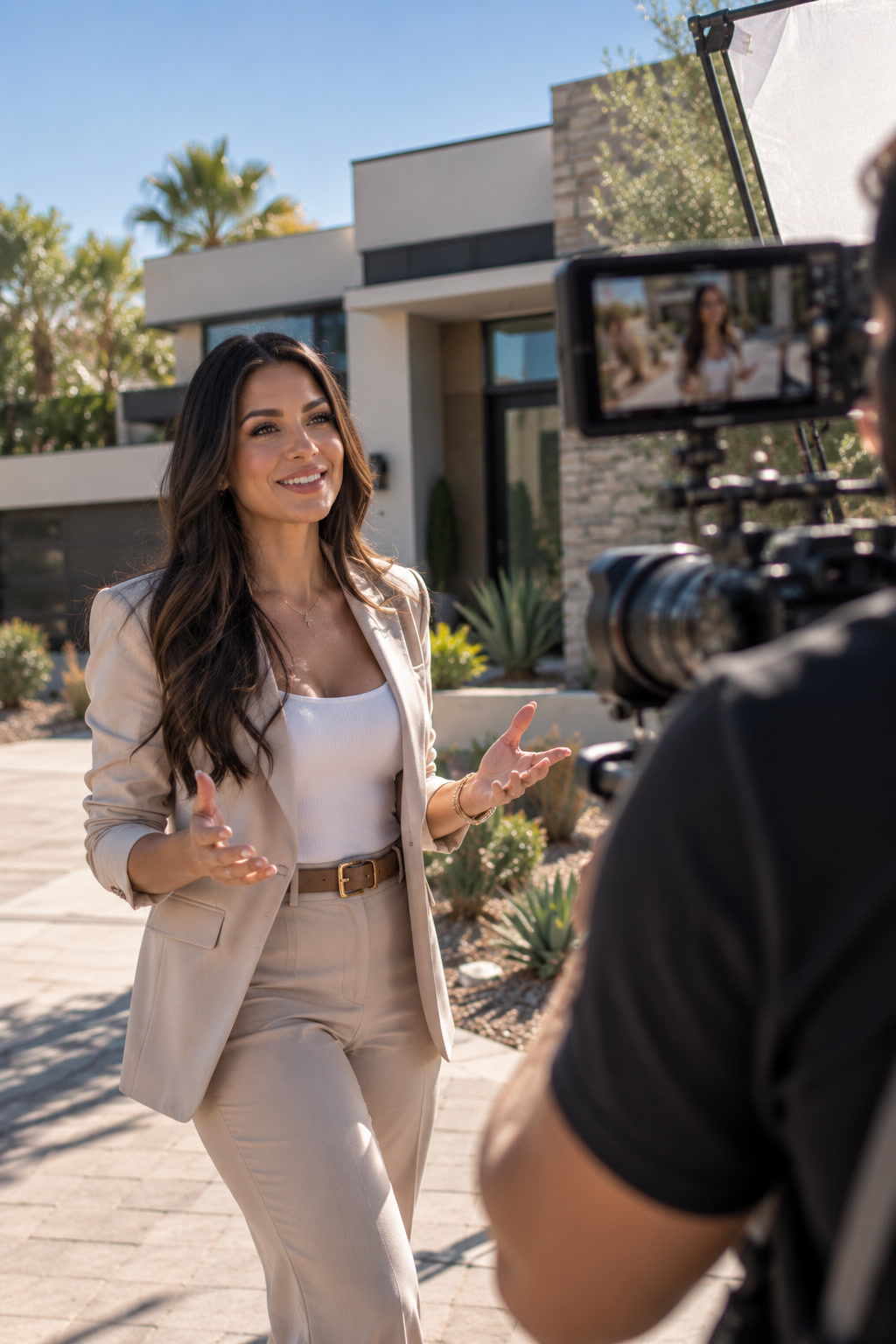 Realtor speaking to camera in front of a modern desert home during a brand video shoot