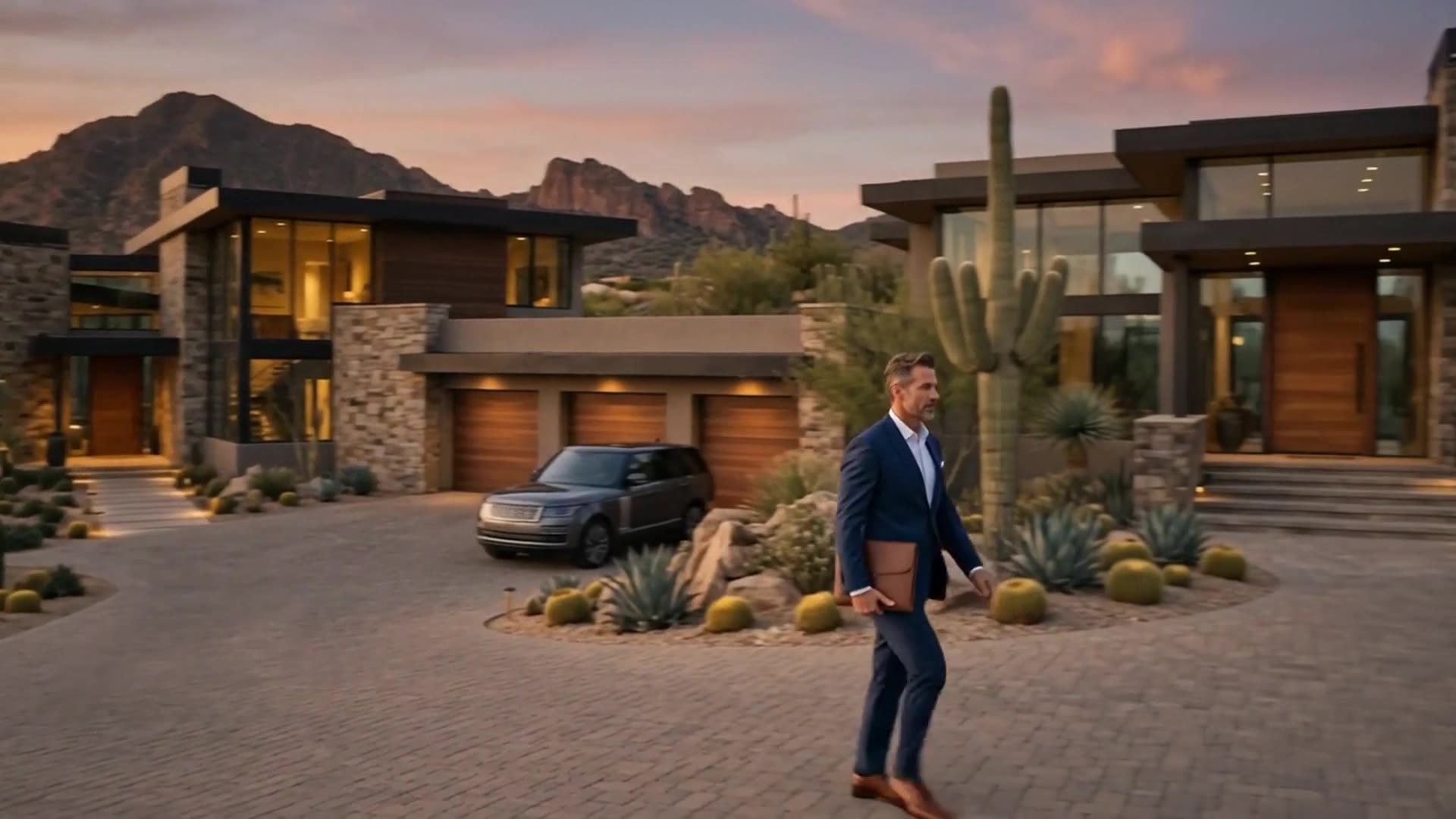 Agent walking in front of a luxury modern desert home at sunset